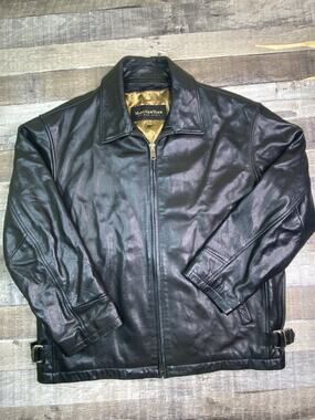 Vintage Andrew Marc Mens XL Black Heavy Leather Motorcycle Jacket Bomber 90s Y2K